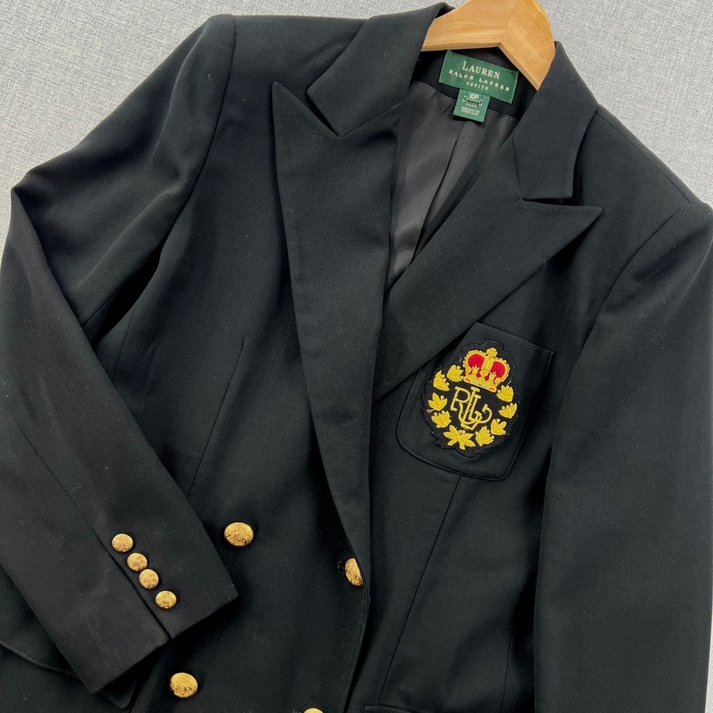 VTG Lauren Ralph Lauren Wool Crest Blazer Women 10P Black Gold Equestrian USA